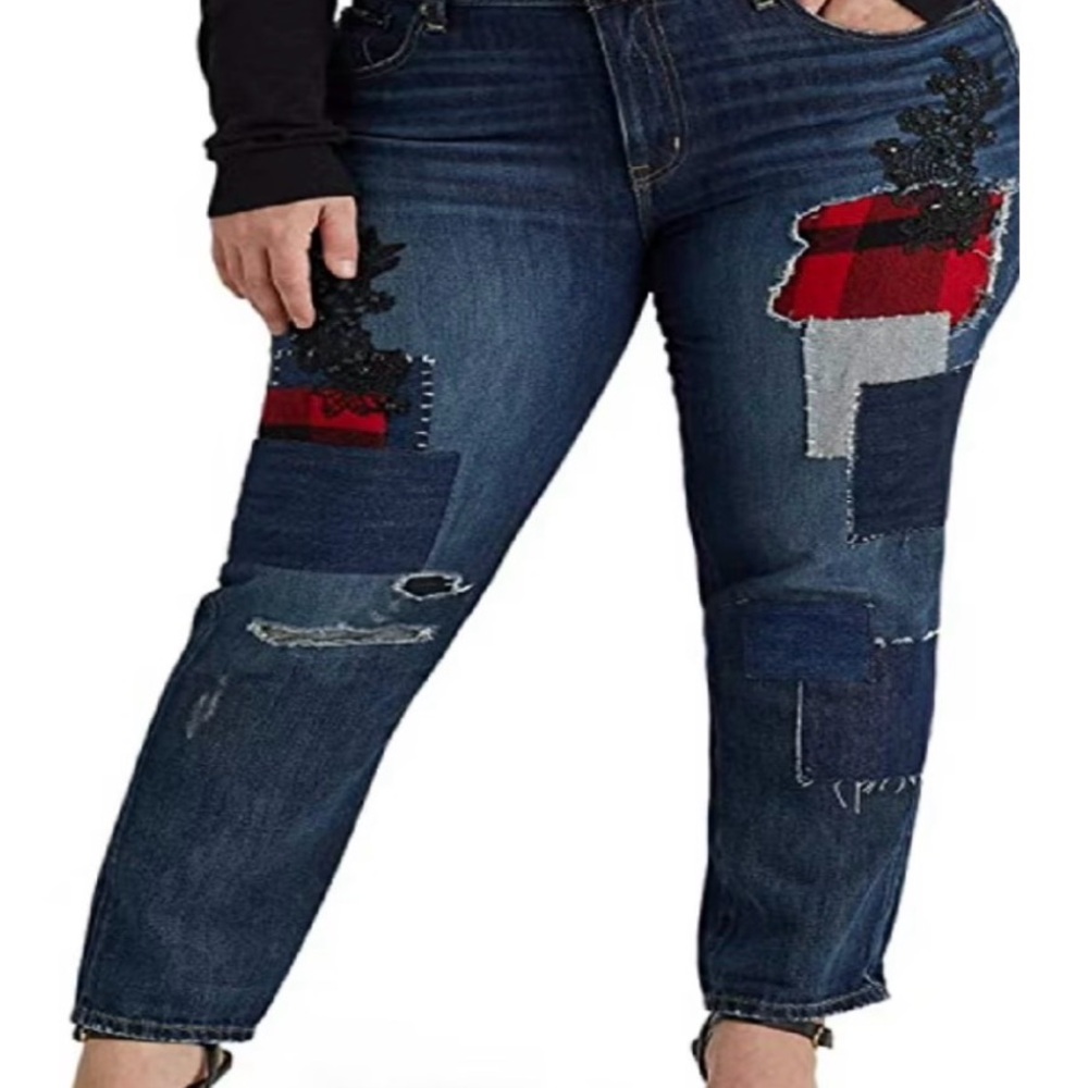 Ralph Lauren Dark Wash Boyfriend Jeans with Red Plaid Patchwork size 16